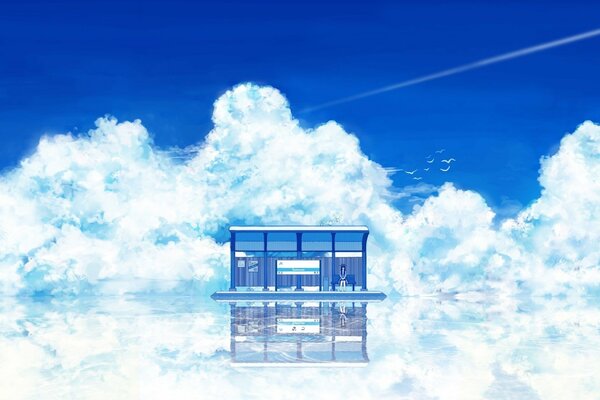 The blue house in the mirror surface of the clouds