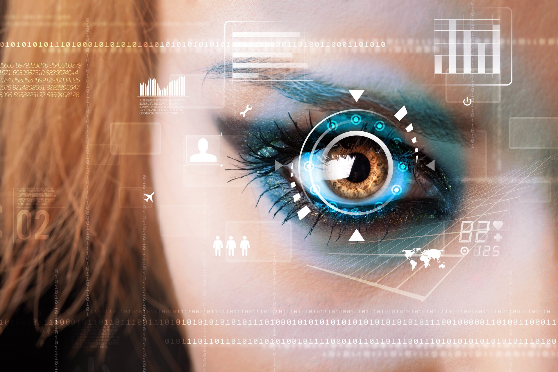 hi-tech technology view eye interface frequency glow elements communication hardware exchange protection of the data binary code one zero cyberspace bokeh wallpaper