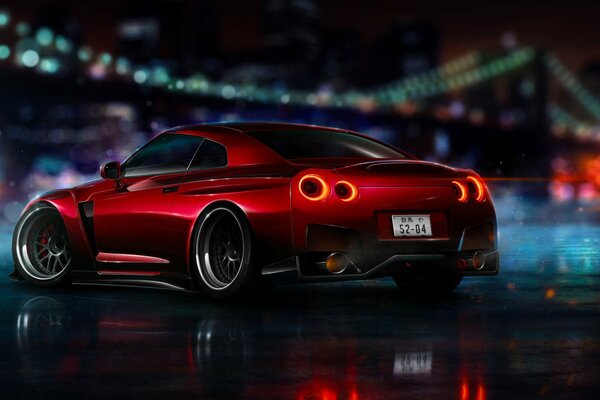 Red night nissan gt-r on the background of the bridge