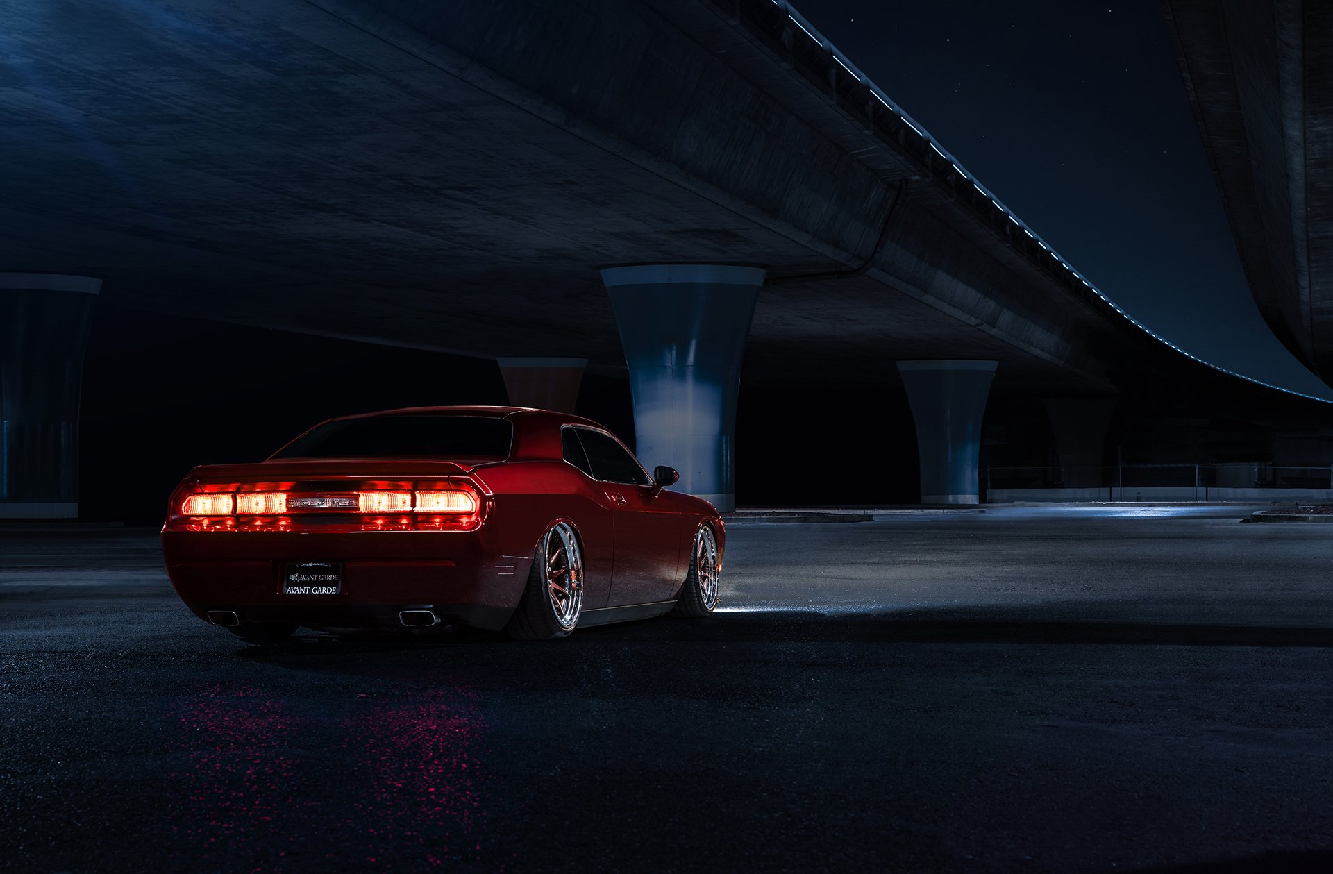 dodge challenger avant garde wheels american muscle car candy red back
