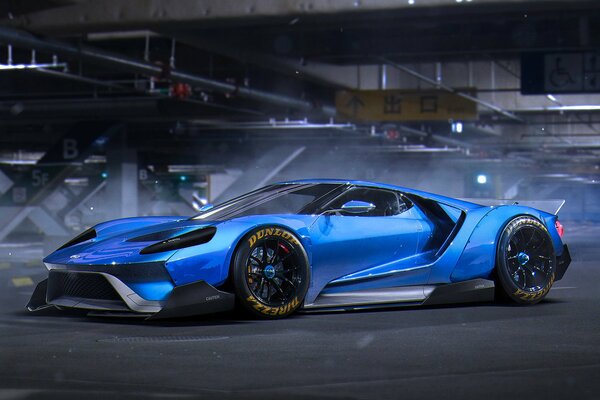 Blue racing Ford on the track