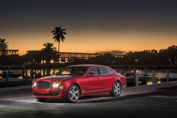 A chic red Bentley on a background of palm trees