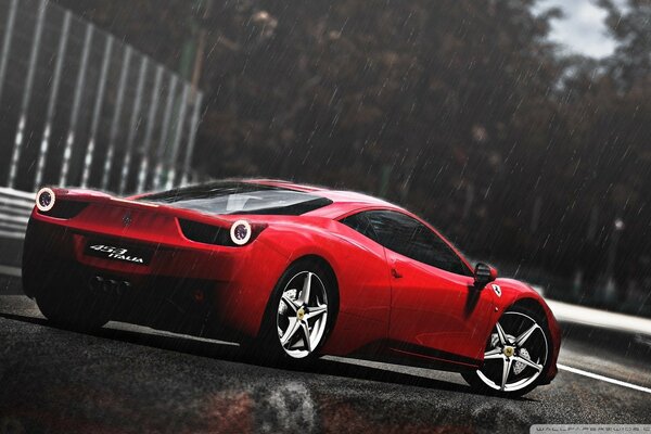 Red Ferrari in cloudy weather