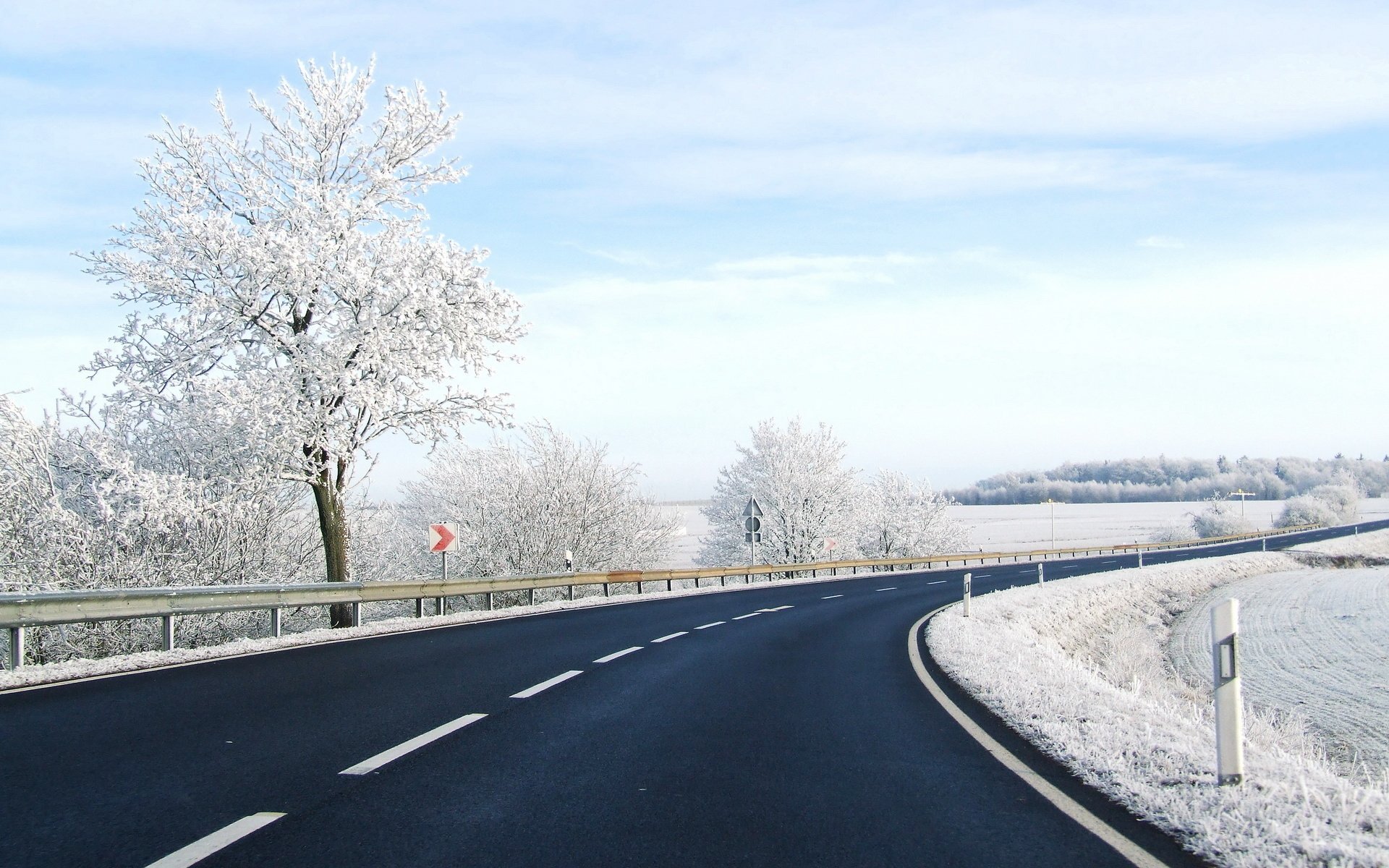 road winter snow trees markup turn fence track sign index the fence field the sky frost
