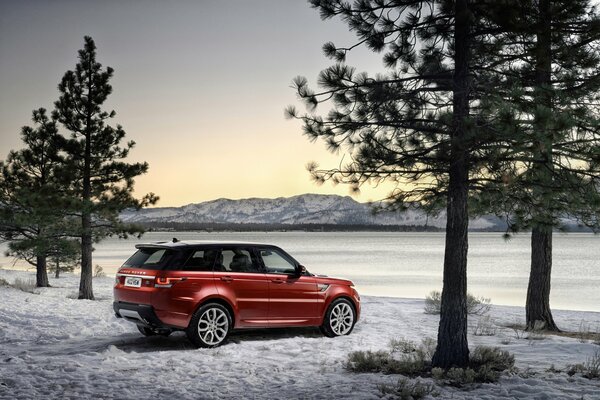 Red land rover in the winter forest