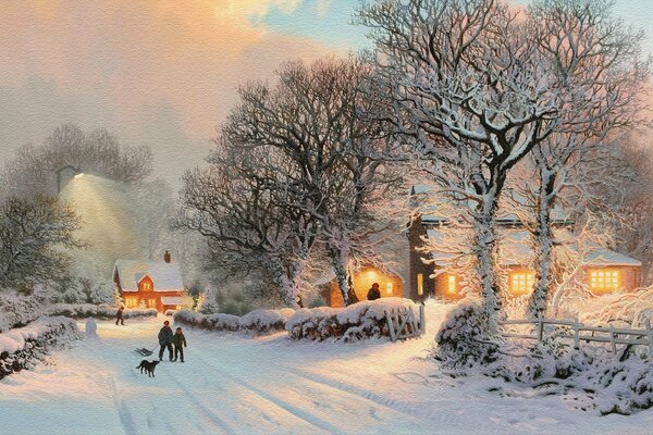 Evening walk in the winter village