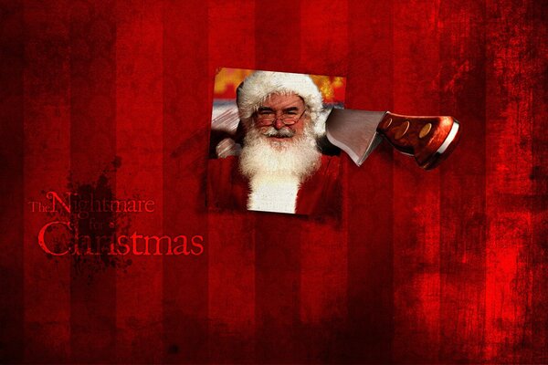Santa s photo on the wall, knife, red background