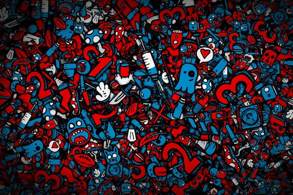 Red-blue background of various objects, letters, textures