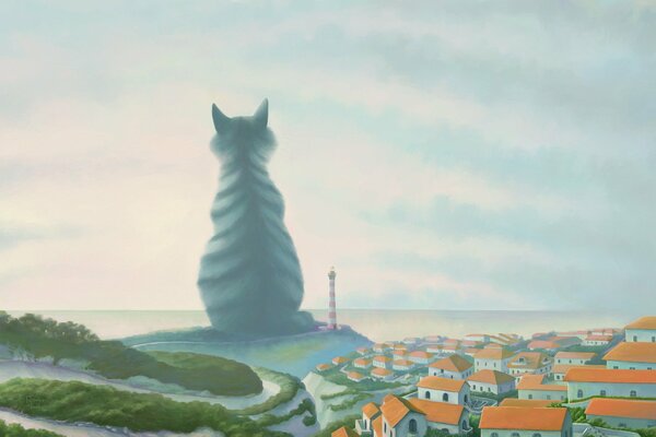 The giant cat is waiting by the sea for the weather