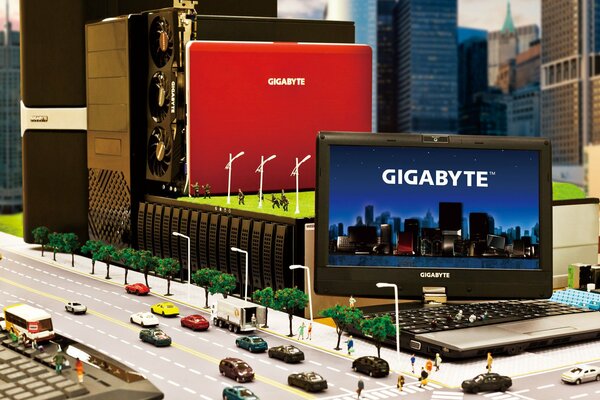 gigabyte laptop advertising in miniature with cars and people