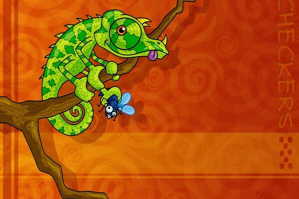 Cartoon chameleon caught a fly