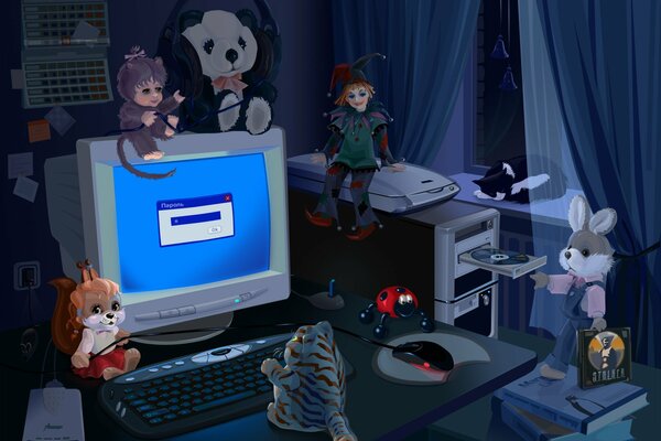 Toys near the computer at night