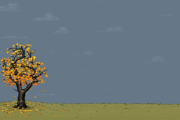 Autumn falling tree on the horizon