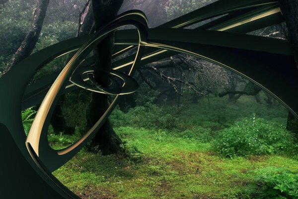 Abstract graphics on a forest background