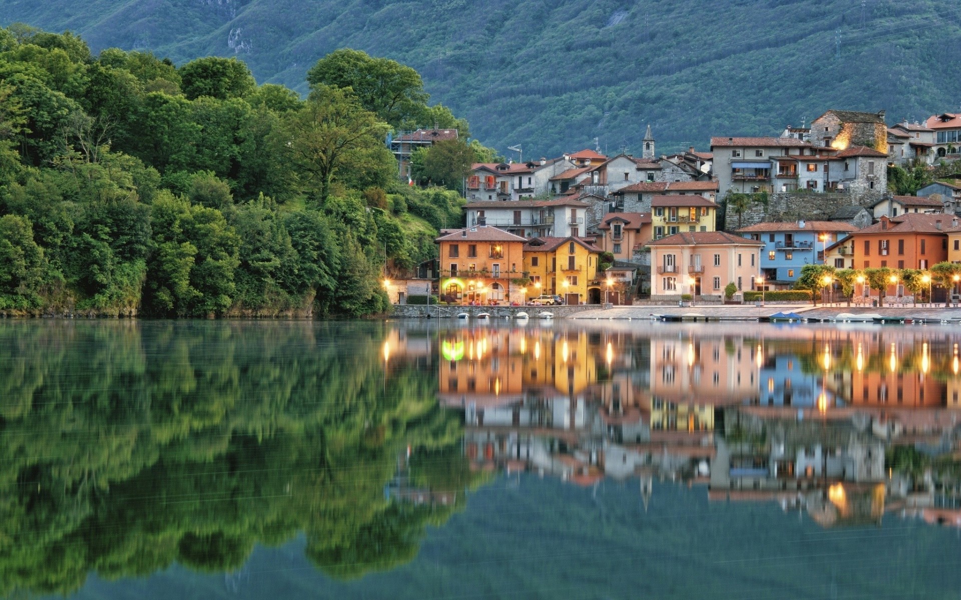 italy piedmont reflection lake building embankment mergozzo