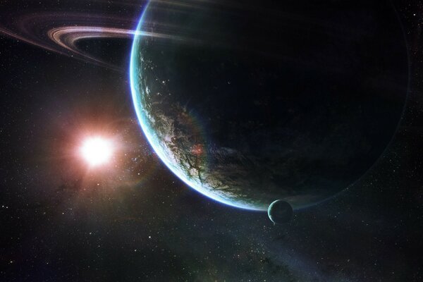 The planet Saturn with a satellite on the background of the sun