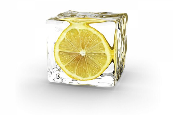 Sour lemon in an ice cube