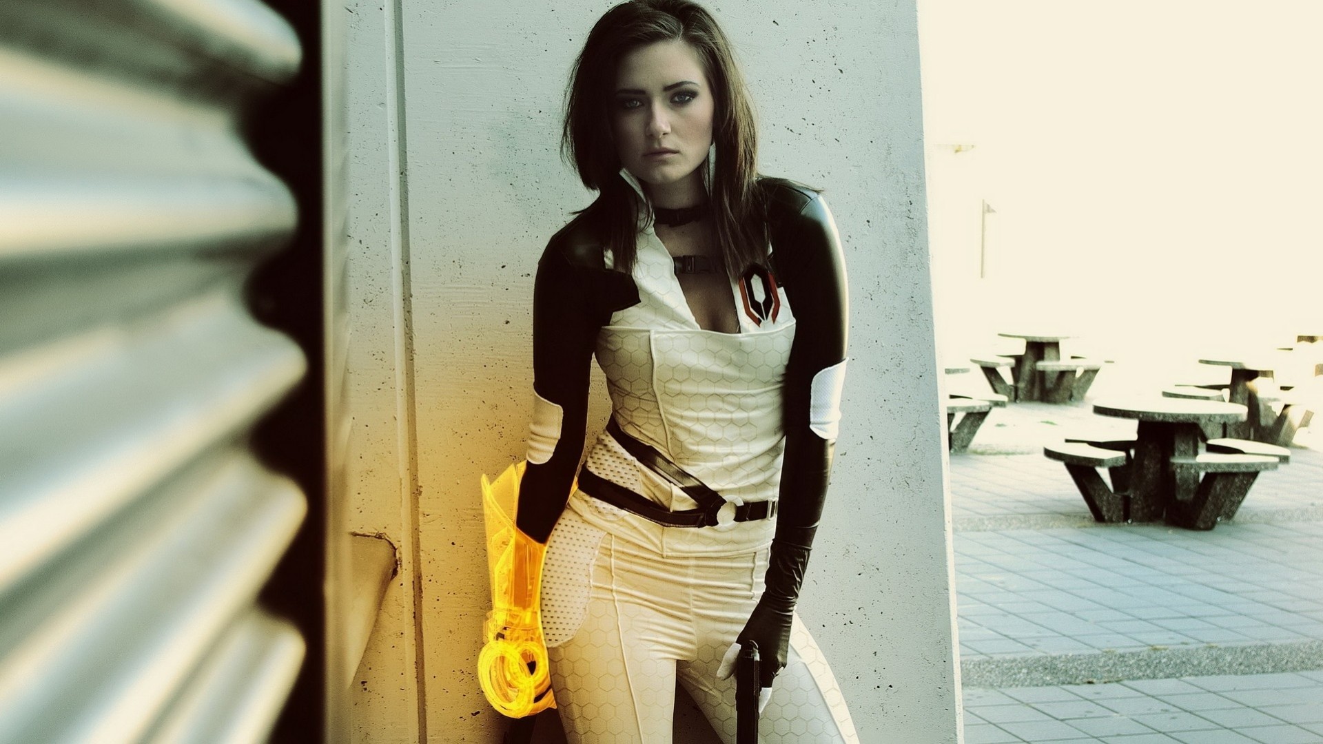a woman flying fortress girl game brunette cosplay grey mass effect