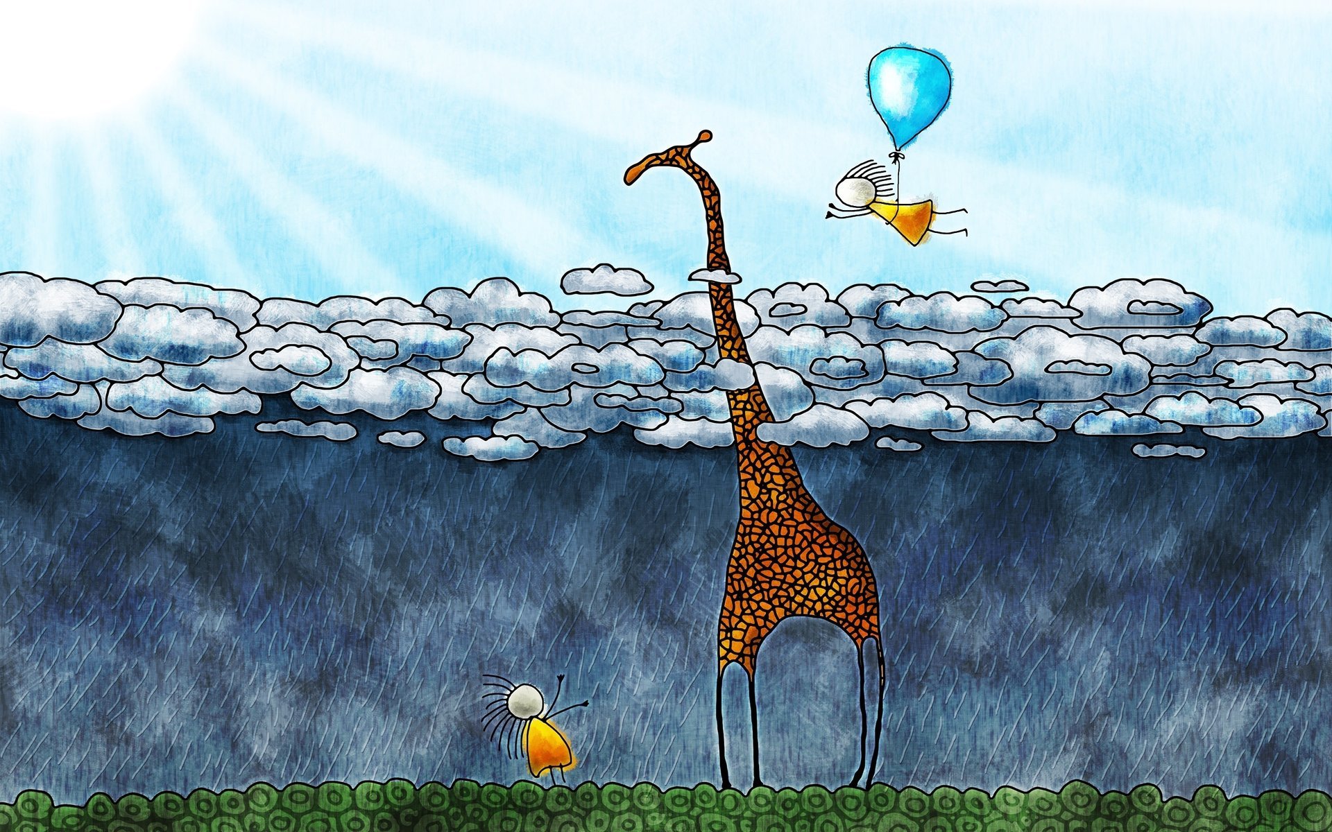 girl on the ball giraffe clouds the sun drawing