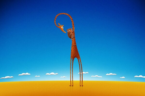 Drawing of a surprised giraffe with a lemur on its neck