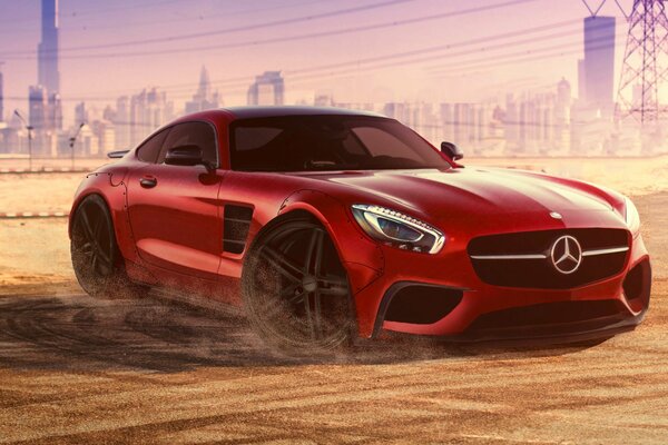 Red car with the front wheels turned