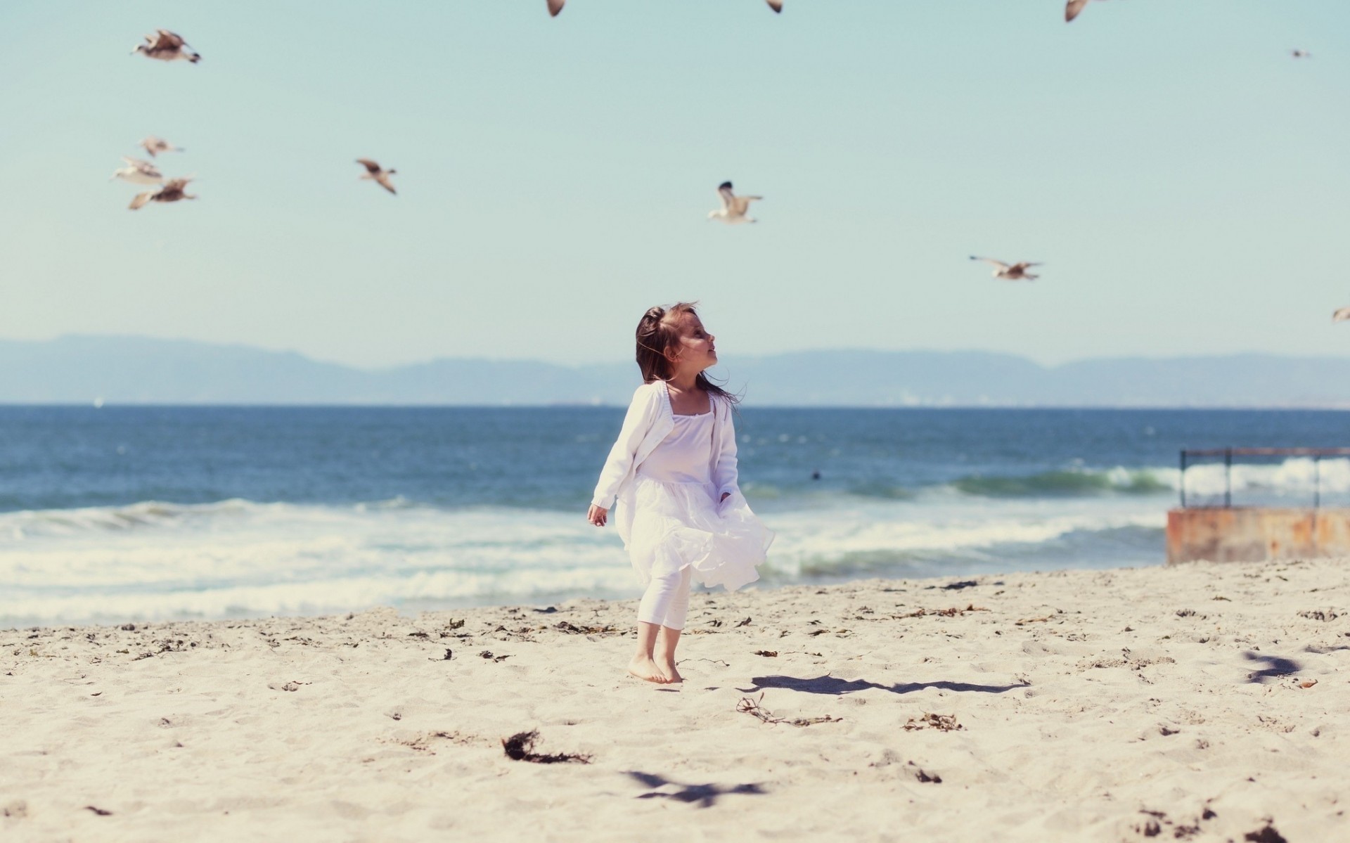 widescreen fullscreen beach footprints mood children birds background sea wallpaper water wave girl wind sand bird