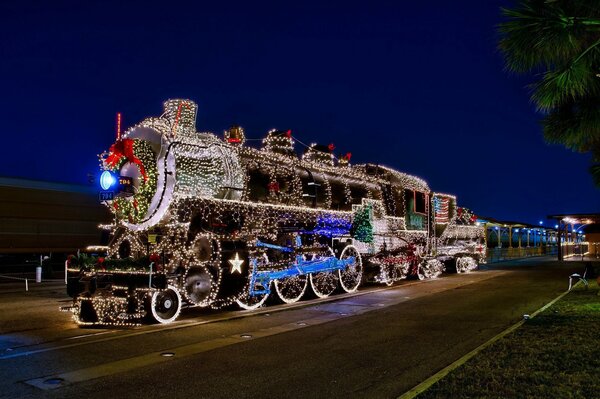 Soviet steam locomotive in a festive garland