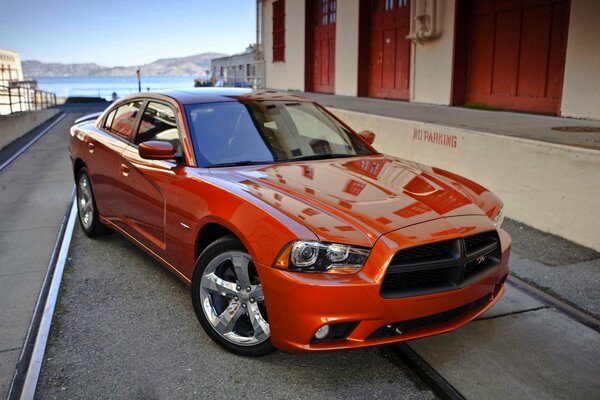 Orange car. Fashionable hood