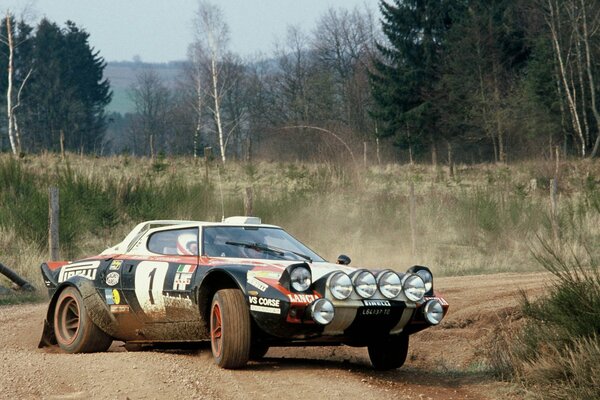 The rally car enters the turn with a skid