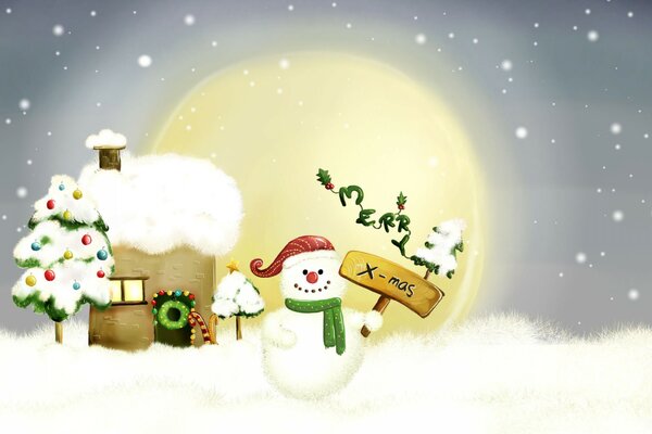 A snowman near the house with holiday greetings