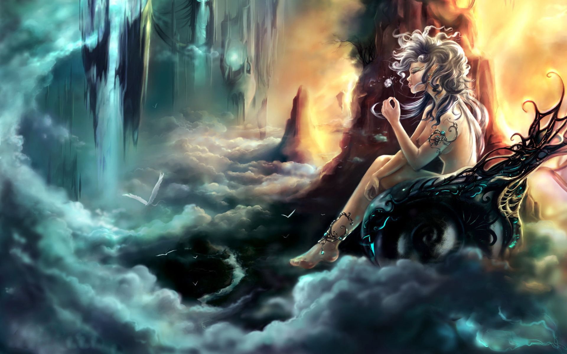 clouds flower goddess heaven girl bird