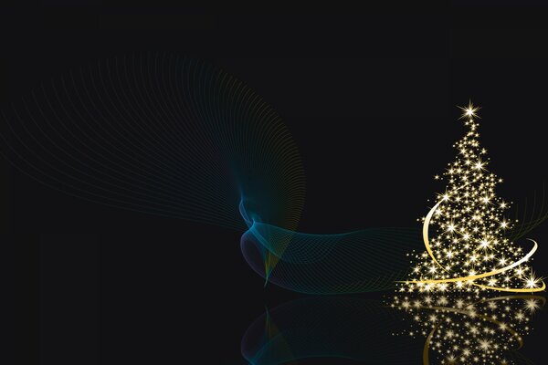 Christmas tree with lights with a star on a dark background with reflections