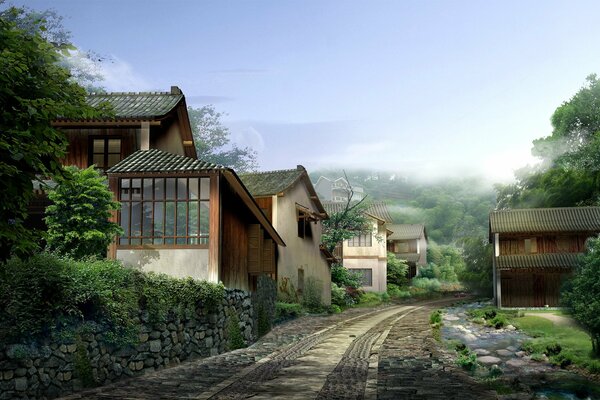A foggy morning among houses and stones