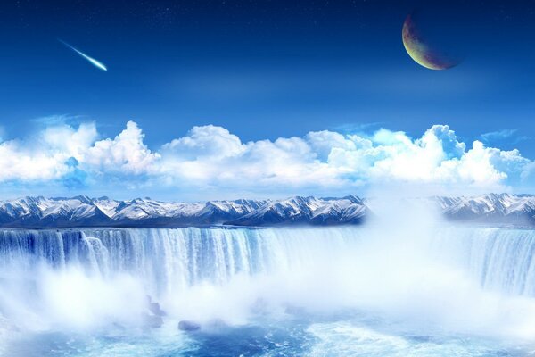 Collage with a huge waterfall and mountains