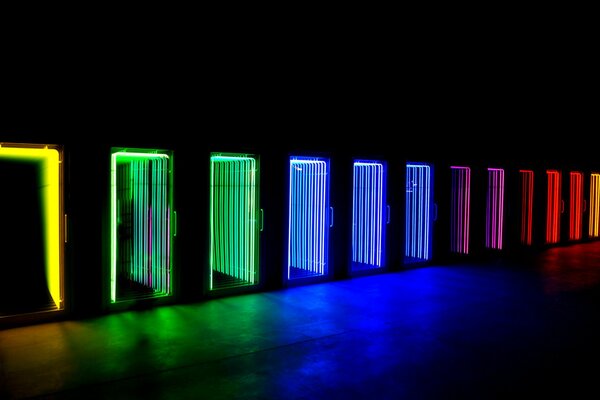 Rainbow neon reflection of doors