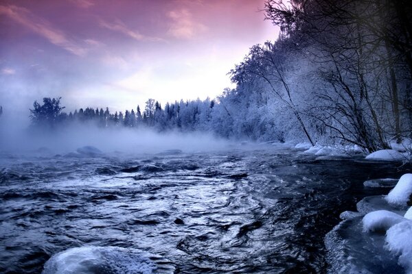 Winter landscape. river and snow-covered forest