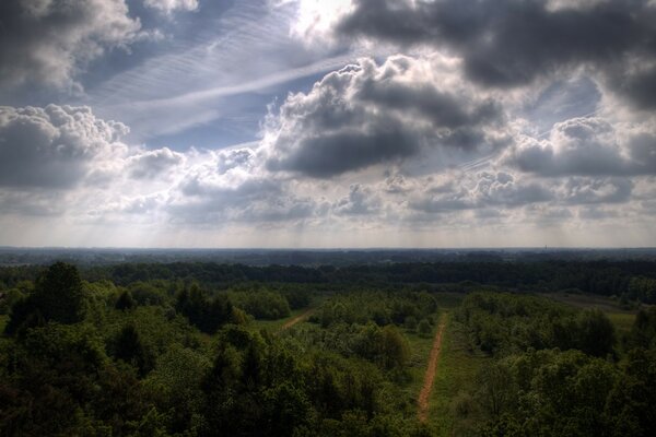 Beautiful clouds over trees and road