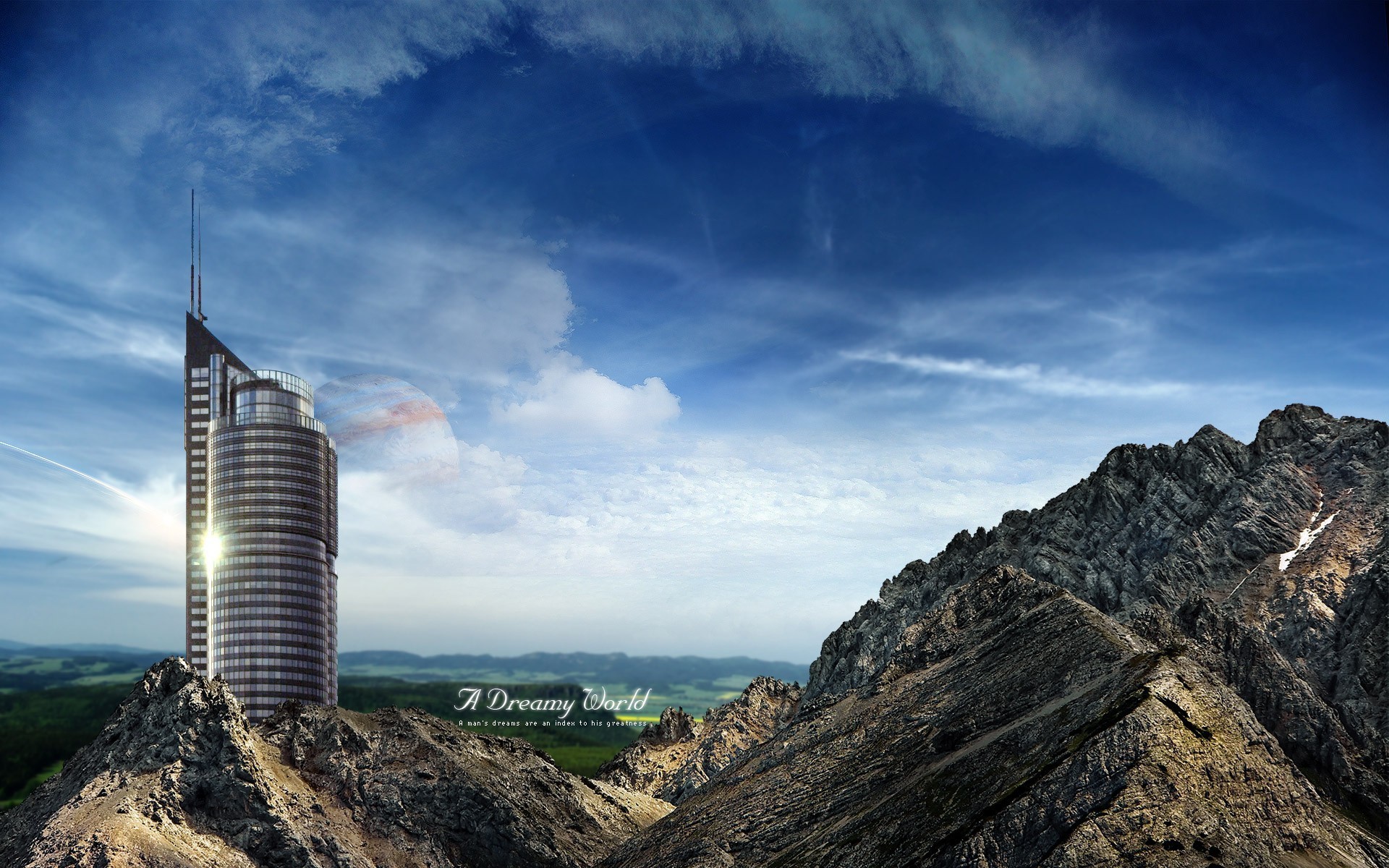 dreamy world mountain skyscraper sky