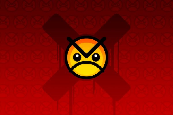 Angry smiley face on a cross and red background