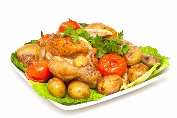 Potatoes, chicken and tomatoes on a platter