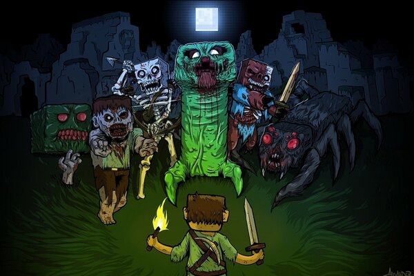 Minecraft-style art with zombies