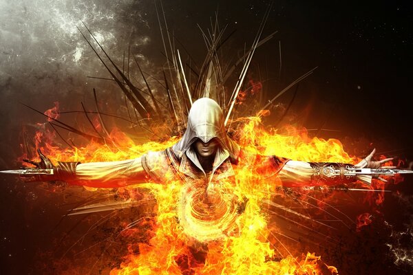 A man in fiery clothes and weapons in his hands
