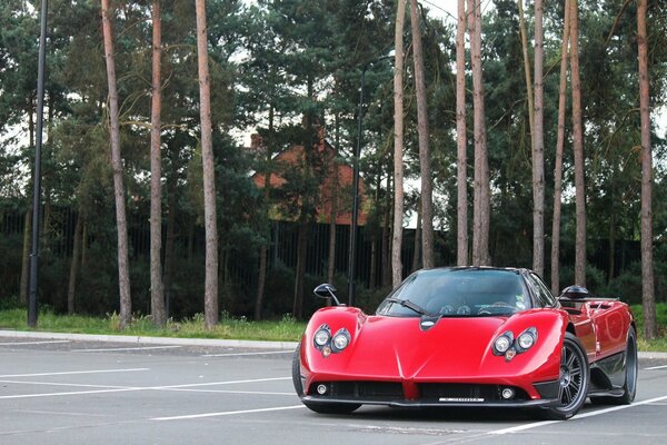 Red Pagani Probe in the parking lot. Plant trees
