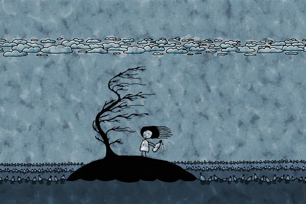 A little girl is sad on the island