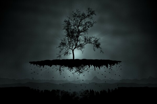 A small island hovers in gray clouds