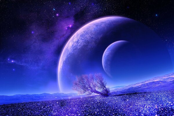 Space is depicted on a beautiful purple background