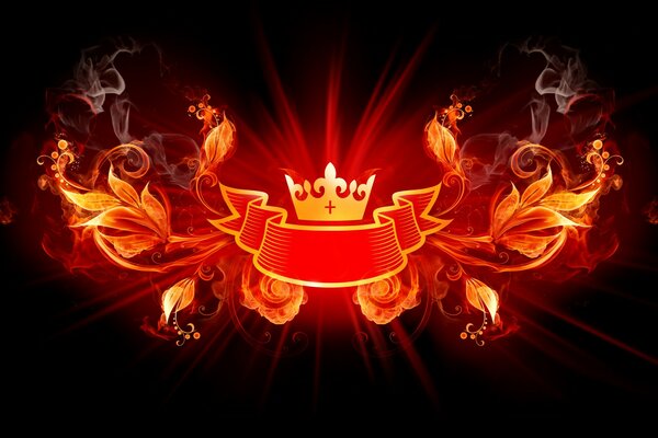 Glowing crown and fiery leaves on a black background