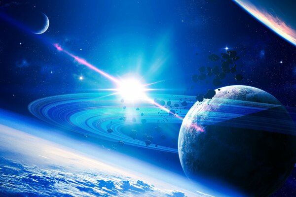 A planet in blue light from space above the sky