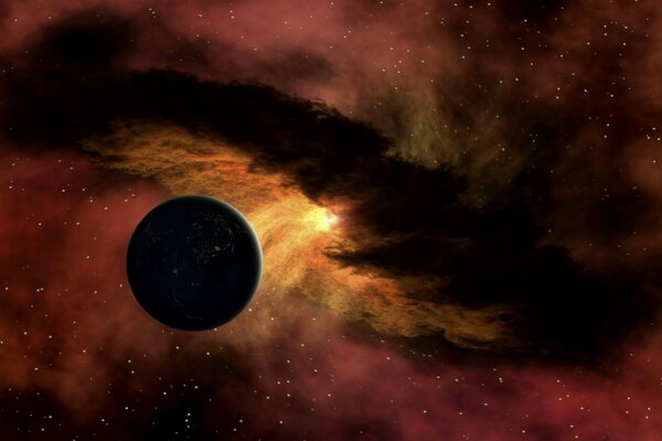 A black planet in space and falling light