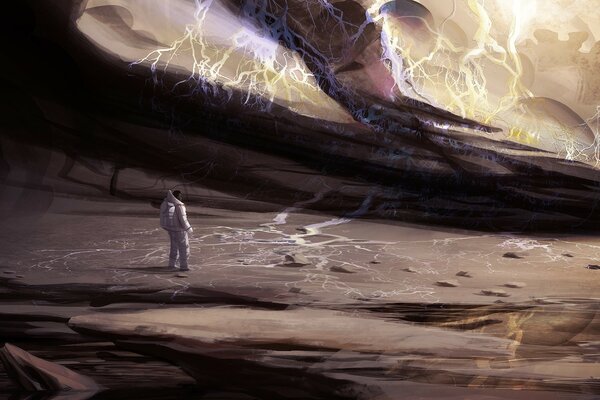 An astronaut in a suit walks on an alien unfamiliar planet